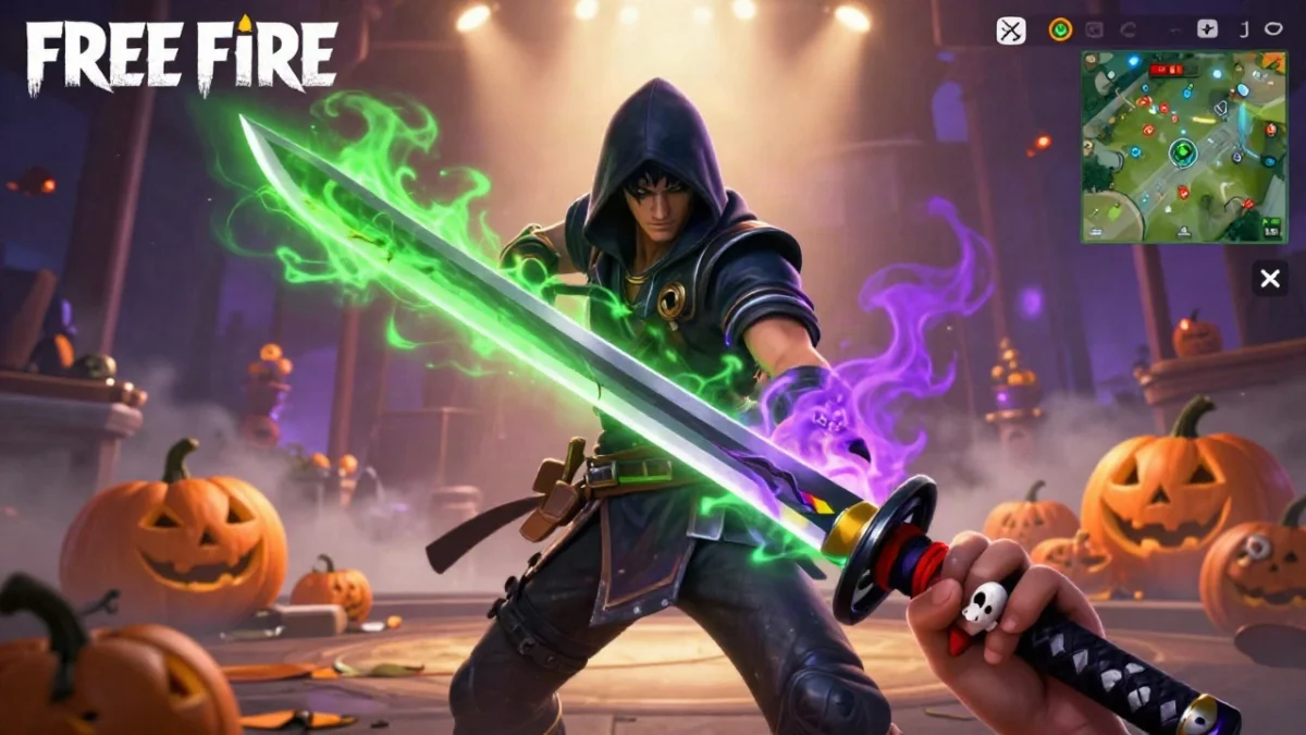 Captura de estilo gameplay de Free Fire con un personaje genérico sosteniendo una katana oscura con brillo tenue, en una isla tropical al atardecer, junto a muros de hielo, como ilustración de la katana del evento de recarga.