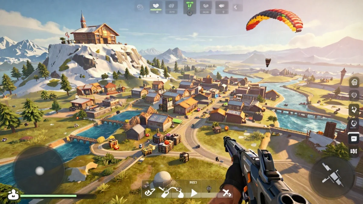 Lugares para caer en Purgatorio según tu plan de partida 1 Captura de gameplay de Free Fire con un personaje táctico aterrizando sobre el pueblo de Purgatorio, con casas, un río y un puente, ilustrando los lugares para caer en Purgatorio.
