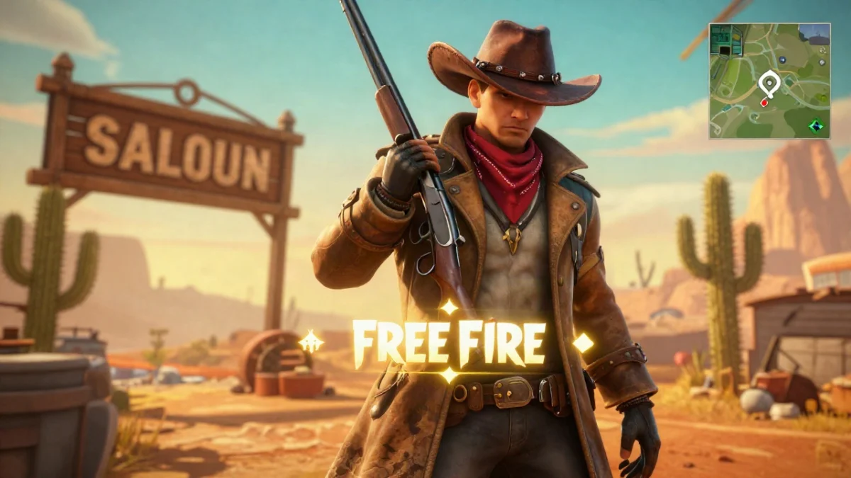 Nicks de vaquero para Free Fire: 50 ideas western que sí caben 1 Captura de gameplay de Free Fire con un personaje de estilo western agachado detrás de un muro de hielo, sosteniendo una escopeta, en una isla tropical al atardecer, ideal para una guía de nicks de vaquero para Free Fire.