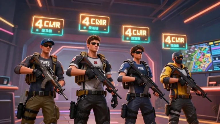 Captura de gameplay de Free Fire con un personaje cubierto detrás de un muro de hielo en una isla tropical, ilustrando una nota sobre nicks para clan