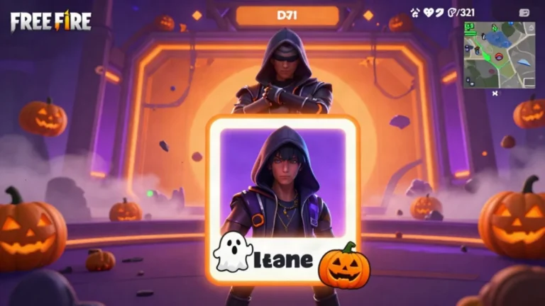 Captura de gameplay de Free Fire con un personaje agachado detrás de un muro de hielo en una isla al atardecer, con decoraciones de calabaza de Halloween, ilustrando la guía de nicks de halloween Free Fire