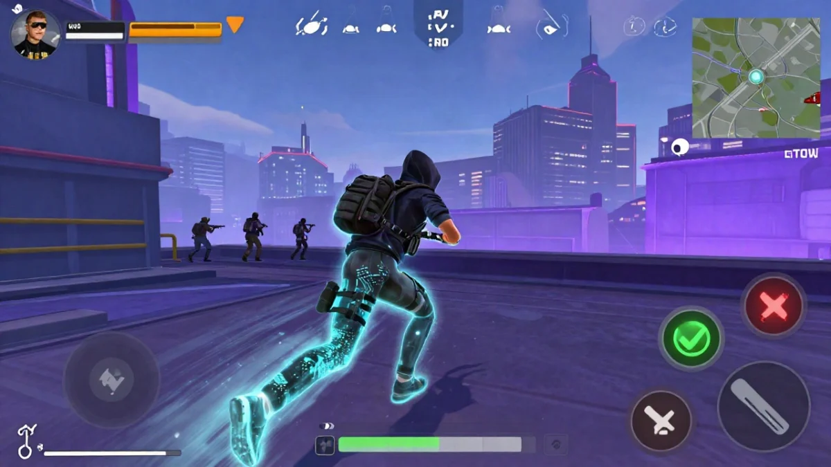 Captura de gameplay de Free Fire con un personaje táctico en efecto de sigilo, moviéndose cerca de un muro de hielo en una isla tropical, con la palabra clave morse Free Fire como referencia del artículo