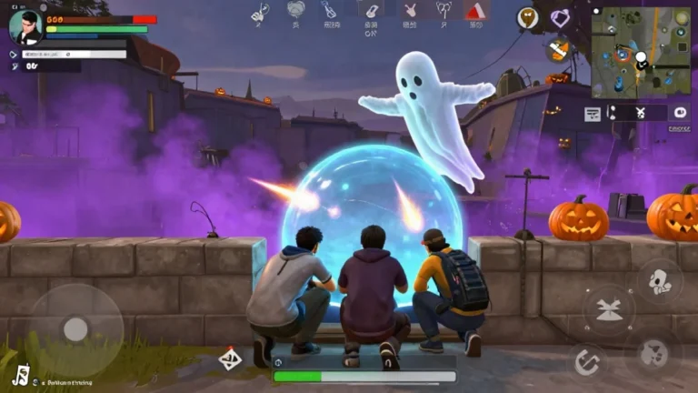 Captura de gameplay de Free Fire con una escuadra en una isla tropical: un jugador cubierto detrás de una gloo wall mientras burbujas del fantoche flotan sobre su compañero que entra al combate