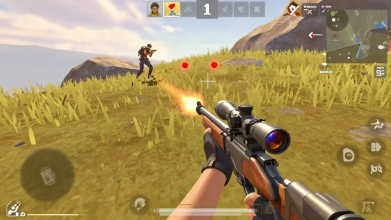 Captura de gameplay de Free Fire en la que un personaje genérico apunta con un rifle de francotirador desde una colina, con la mira alineada sobre la isla tropical y los botones de disparo del HUD abajo, mostrando la configuración para el hawk Free Fire.