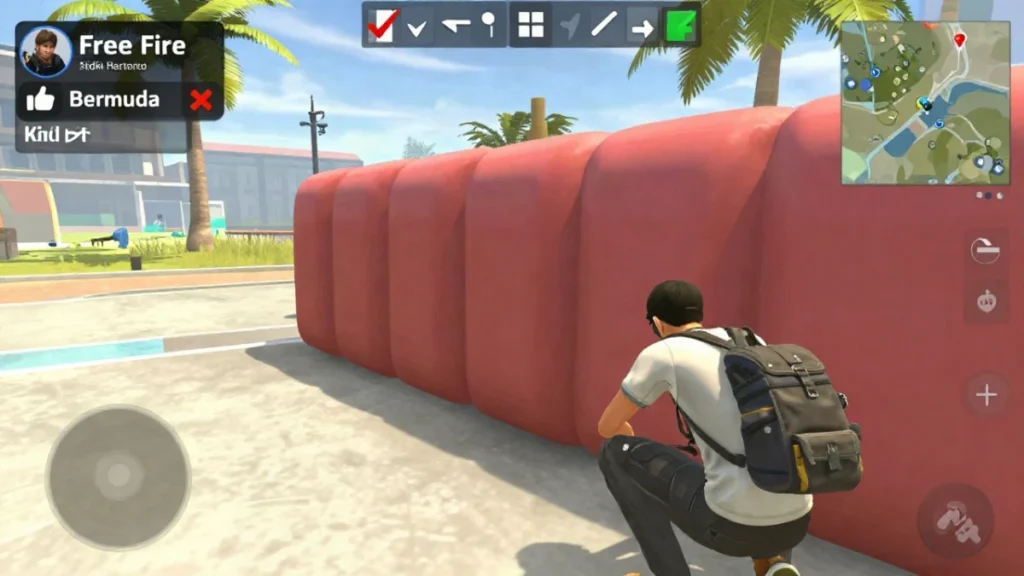 Captura de gameplay de Free Fire en la que un compañero de escuadra se cubre tras un muro de hielo mientras otro levanta a un jugador caído en una ciudad del mapa