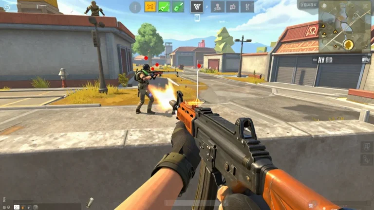 Captura de gameplay de Free Fire en un mapa tropical donde un personaje genérico dispara un rifle M7 con retroceso desde detrás de un muro de hielo, con el destello del cañón visible y la mira subiendo hacia el enemigo, retroceso m7 Free Fire