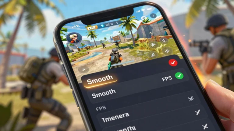 Captura de gameplay de un battle royale en celular, con un personaje agachado detrás de un muro de hielo en una isla tropical durante la zona final, ilustrando cómo evitar que Free Fire se caliente, Free Fire se calienta