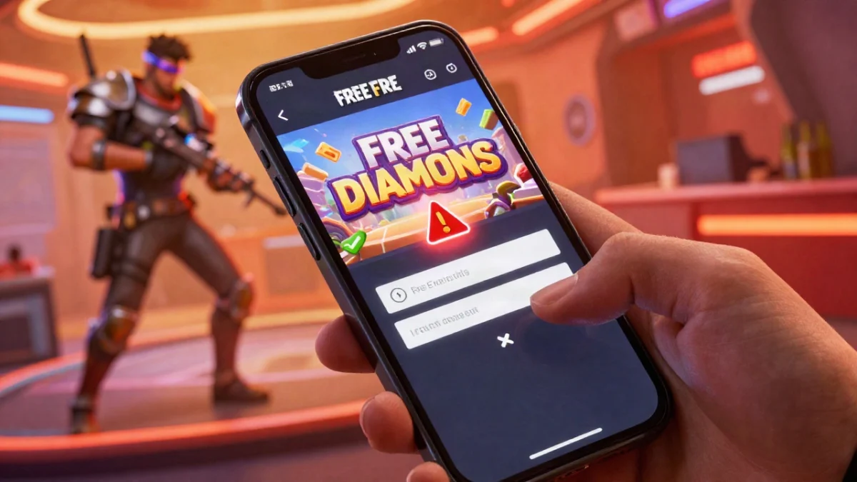 Página falsa de códigos Free Fire: cómo reconocer un reward falso 1 Captura de gameplay de un battle royale de celular con un personaje tras un muro de hielo en una isla tropical, ilustrando el tema de la página falsa de códigos de Free Fire