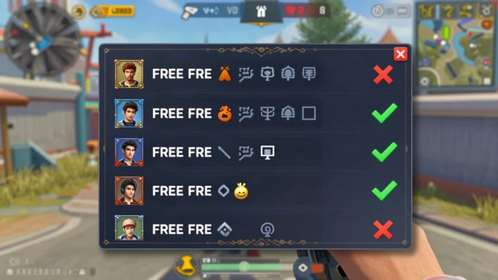 Captura de gameplay de un escuadrón de personajes con equipo táctico en una playa tropical, con uno de ellos revisando el chat de la escuadra antes de cambiar su nick