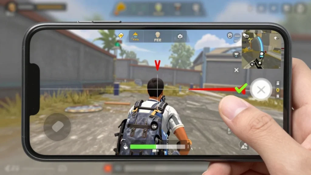 Captura de gameplay en la que un personaje genérico, agachado tras un muro de hielo, apunta con mira de francotirador a un objetivo lejano mientras el pulgar mantiene el botón de disparo, ilustrando el arrastre corto después del primer tiro.