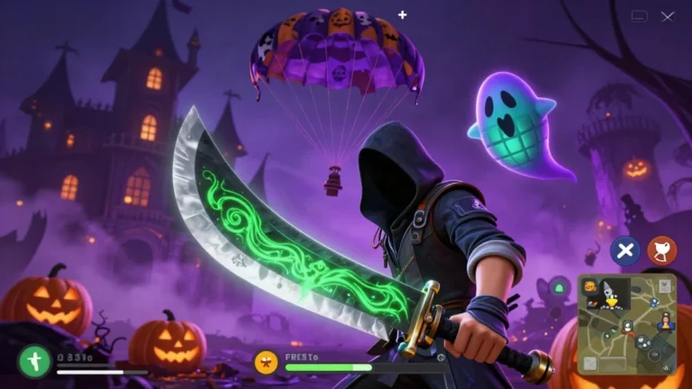 Captura de gameplay estilo battle royale de celular donde un personaje genérico con equipo táctico sostiene un machete curvo en una isla tropical al atardecer, con niebla morada y naranja de Halloween y muros de hielo para cubrirse, ilustrando las skins gratis halloween Free Fire
