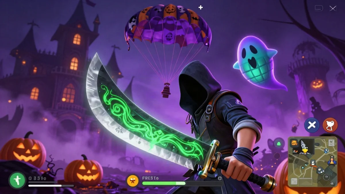 Captura de gameplay estilo battle royale de celular donde un personaje genérico con equipo táctico sostiene un machete curvo en una isla tropical al atardecer, con niebla morada y naranja de Halloween y muros de hielo para cubrirse, ilustrando las skins gratis halloween Free Fire