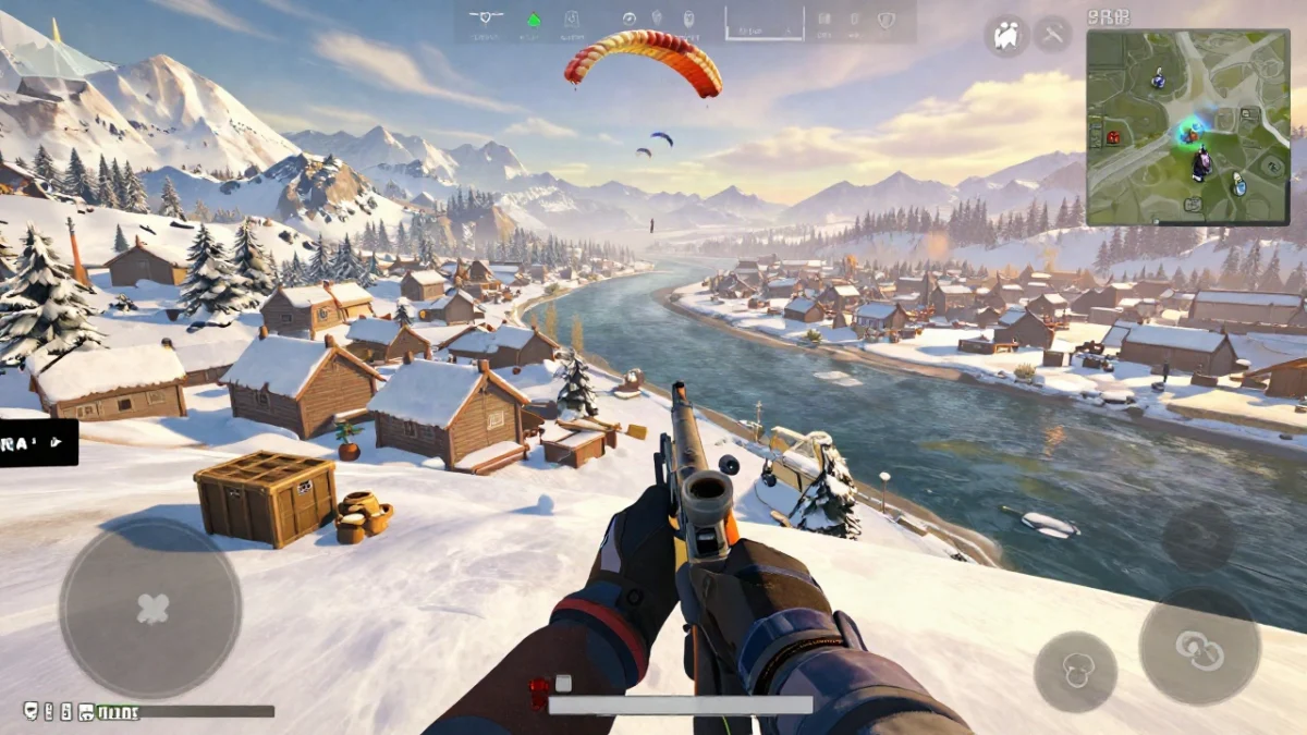 Captura de gameplay estilo Free Fire con un jugador en la franja suroeste de Alpes en clasificatoria, junto a un jeep y un puente sobre el río, con muros de hielo para cubrirse.