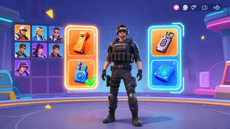 Captura de gameplay estilo Free Fire donde un personaje con equipo táctico activa un portal entre dos puntos del mapa, como ejemplo de dispositivos activos y pasivos
