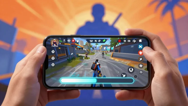 Captura de pantalla de una partida de Free Fire en celular, con un personaje de espaldas cubriéndose tras un muro de hielo en una isla tropical, ilustrando el tema de los cierres del juego tras una actualización, Free Fire se cierra solo