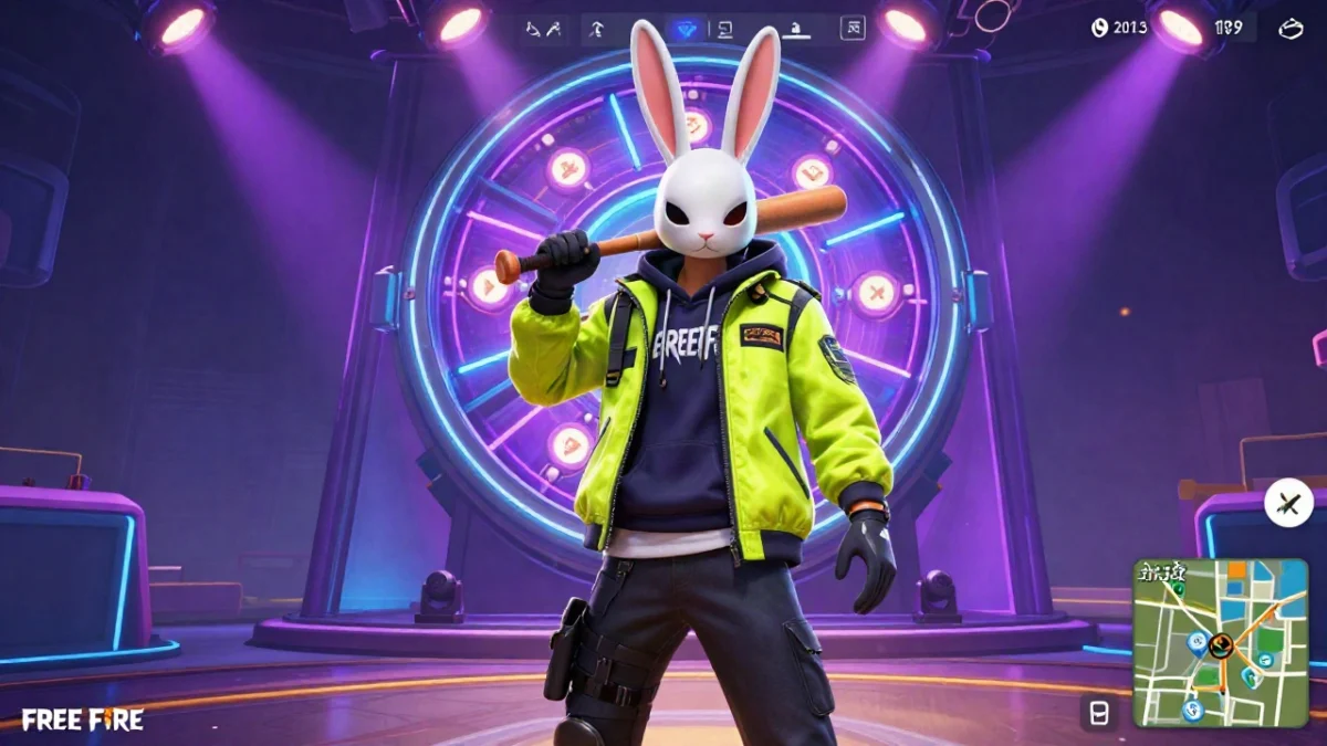Conejo free fire en la ruleta de fichas: qué se sabe 1 Captura de partida de battle royale en celular con un personaje con traje de conejo de orejas largas, de pie junto a un muro de hielo en una isla tropical, en el contexto del conejo Free Fire