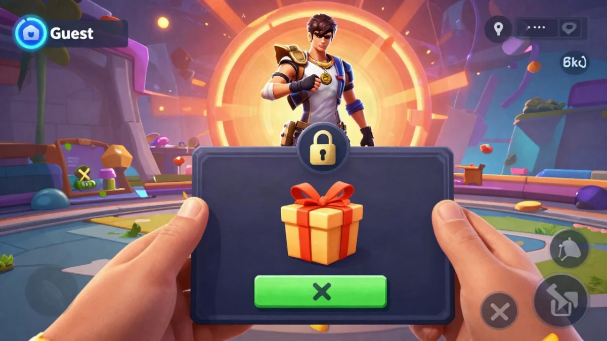 Captura de partida de battle royale en celular: un personaje con equipo táctico se cubre detrás de un muro de hielo en una isla tropical, ilustrando la guía para canjear códigos cuenta de invitado.