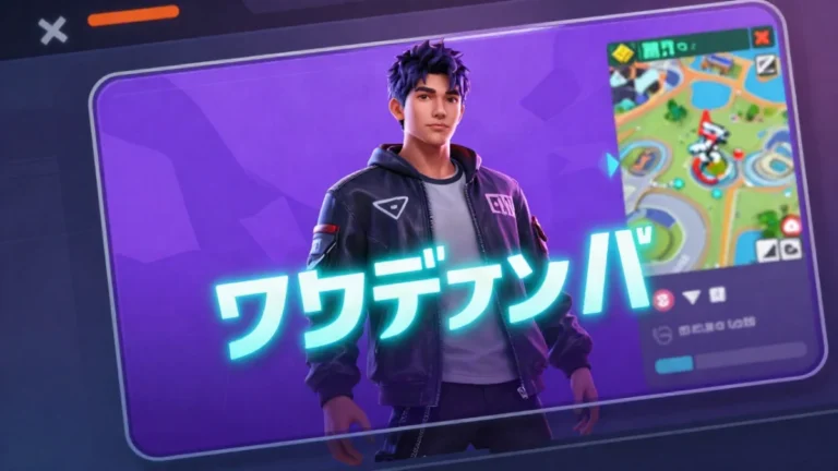 Captura de partida de Free Fire con un personaje genérico agachado tras un muro de hielo en una isla tropical, ilustrando la guía de nick con letras japonesas