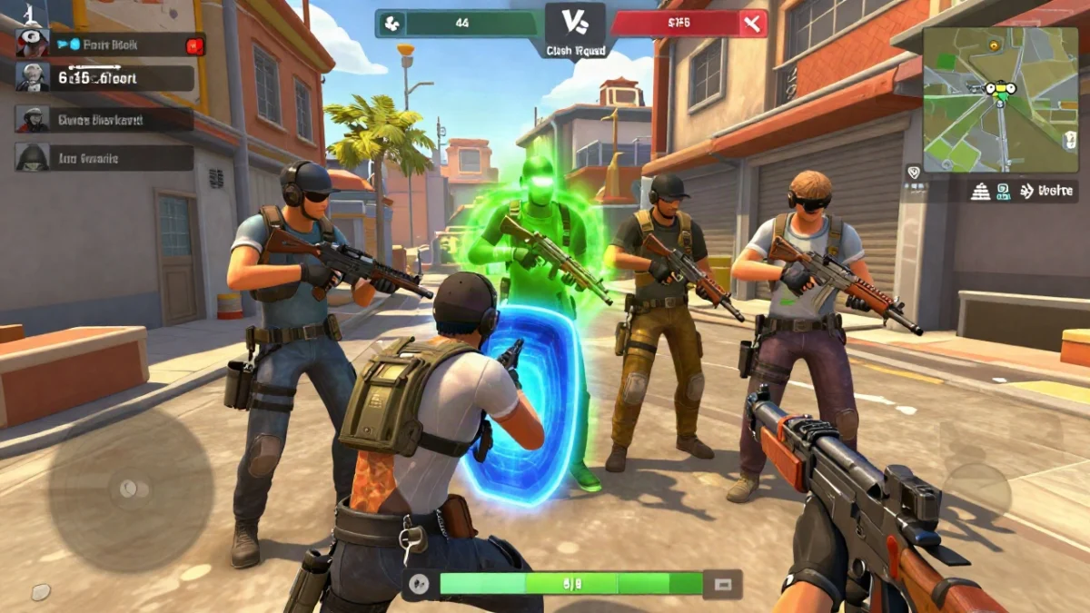 Captura de partida de Free Fire en Clash Squad, con una escuadra de cuatro personajes avanzando detrás de un muro de hielo mientras uno levanta el escudo para entrar a una casa, ilustrando los personajes para clash squad por rol.
