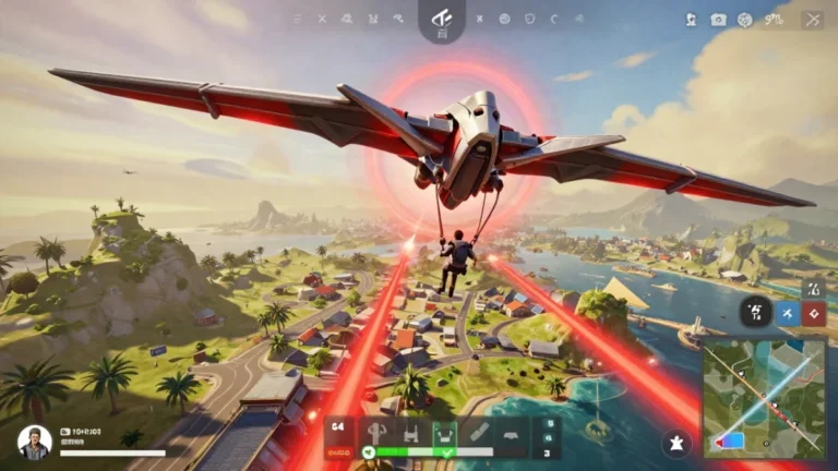 Captura de partida de un battle royale de celular con un personaje de equipo táctico en una isla tropical, visto desde atrás, en referencia a la ruleta mágica transmisión letal de Free Fire