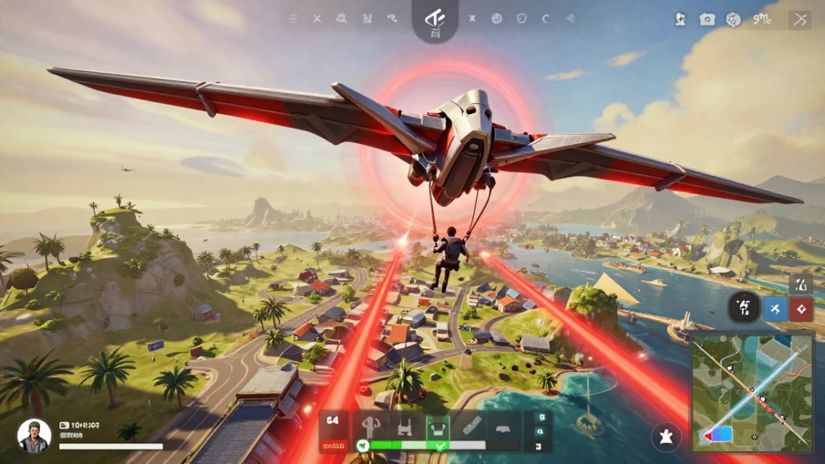 Captura de partida de un battle royale de celular con un personaje de equipo táctico en una isla tropical, visto desde atrás, en referencia a la ruleta mágica transmisión letal de Free Fire