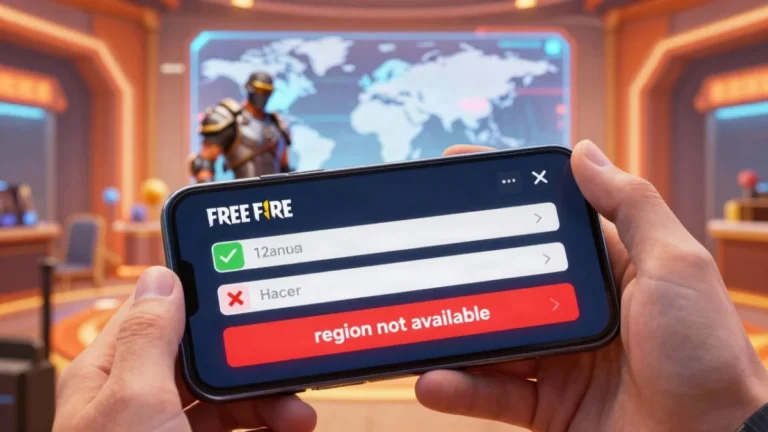 Captura de partida de un battle royale de celular con un personaje con equipo táctico cubriéndose detrás de un muro de hielo en una isla tropical, que ilustra el artículo sobre el código de Free Fire de otro país, código Free Fire otro país