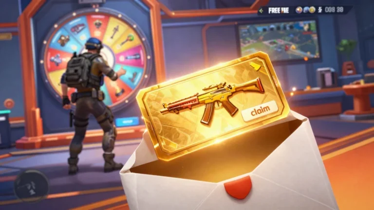Captura de un jugador de Free Fire en una zona boscosa de la isla, con rifle de asalto en mano y muros de hielo para cubrirse, como referencia para usar el vale de arma Free Fire.