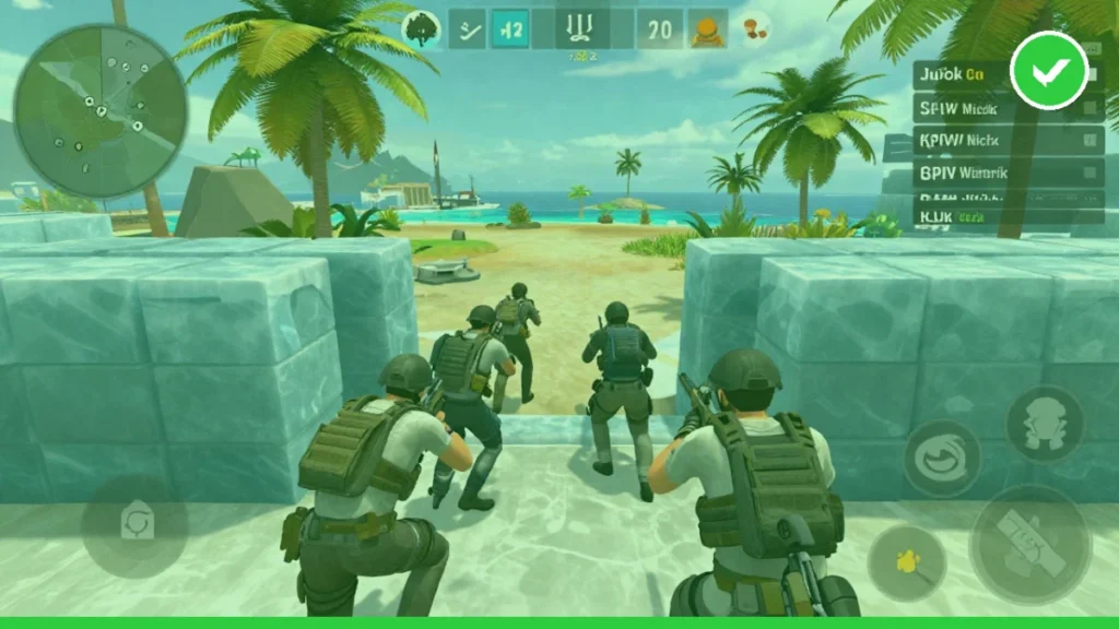 Captura de una partida de celular vista desde atrás de un personaje con equipo táctico, mientras su escuadra avanza junto a un muro de bloques de hielo en una isla tropical. En el kill feed de la esquina superior derecha se ven pocos nicks cortos y limpios, fáciles de leer de un vistazo.