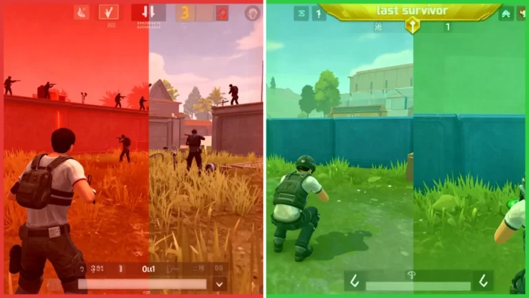 Comparación de la portada de Booyah en solo en Free Fire: a la izquierda, un jugador expuesto en campo abierto curándose sin cobertura; a la derecha, el mismo jugador detrás de una roca con gloo wall lista y equipo completo.