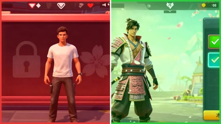 Comparación de la portada del bundle sakura Free Fire: a la izquierda, un jugador que cae en una página sospechosa buscando Diamantes gratis; a la derecha, el mismo jugador revisando la agenda oficial del juego y cubriéndose detrás de muros de hielo.
