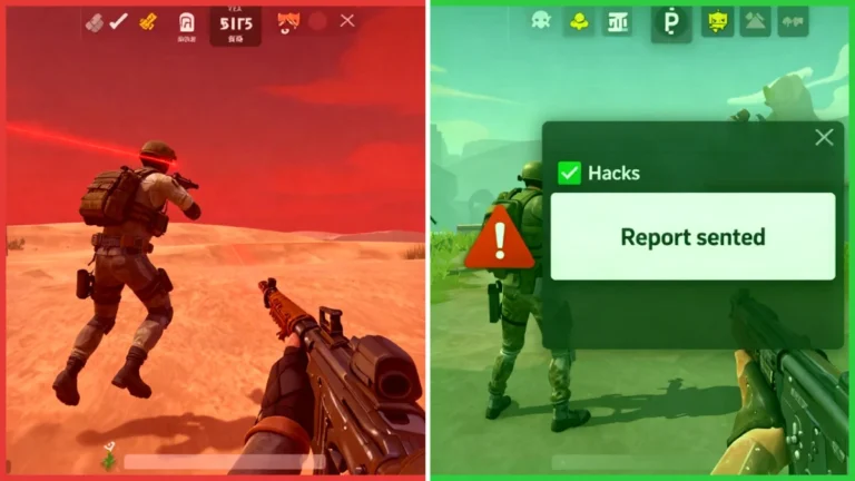 Comparación de una partida de Free Fire: a la izquierda, un jugador que reporta de forma impulsiva en medio de la pelea; a la derecha, cómo reportar hacker Free Fire bien desde la vista de espectador, con calma y con un clip como prueba.