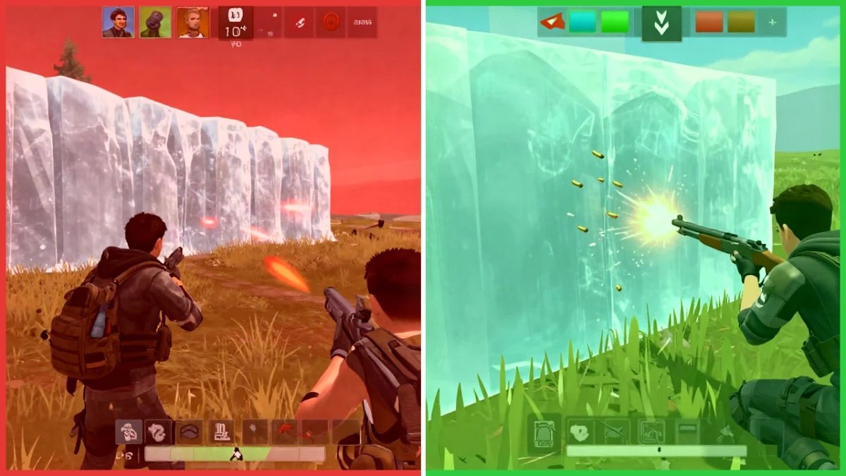 Gloo wall rápido en Free Fire: ajustes, HUD y práctica 1 Comparación en dos mitades: a la izquierda, un personaje en campo abierto suelta una pared de hielo torcida porque movió la cámara demasiado pronto; a la derecha, el mismo personaje agachado tras una pared recta y bien colocada mientras apunta hacia el enemigo. Así se ve la diferencia al tirar gloo wall rápido.