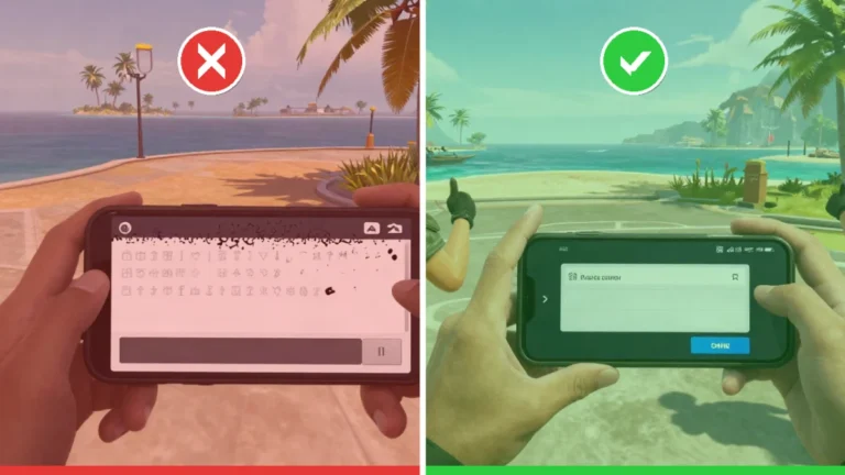 Comparación en dos mitades: a la izquierda, un jugador con un nick lleno de símbolos decorativos que se salen del campo y un botón de confirmar desactivado; a la derecha, el mismo jugador con un nick corto y legible que se guarda sin problemas, en el mismo lobby de la isla tropical. Ilustra cómo evitar problemas con letras especiales Free Fire en el nick.