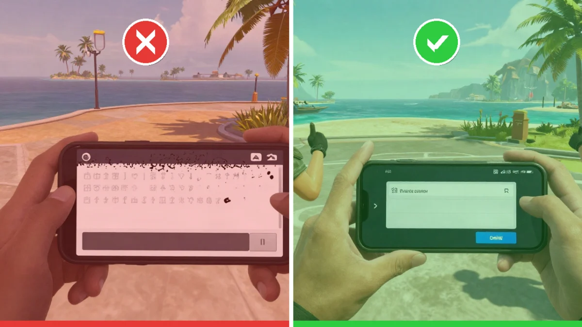 Letras especiales Free Fire: ¿te pueden banear por el nick? 1 Comparación en dos mitades: a la izquierda, un jugador con un nick lleno de símbolos decorativos que se salen del campo y un botón de confirmar desactivado; a la derecha, el mismo jugador con un nick corto y legible que se guarda sin problemas, en el mismo lobby de la isla tropical. Ilustra cómo evitar problemas con letras especiales Free Fire en el nick.