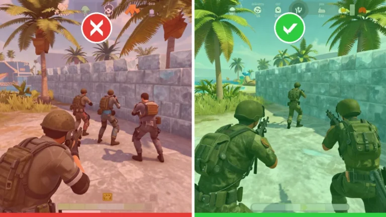 Comparación en dos mitades de una partida: a la izquierda, el kill feed lleno de símbolos ilegibles y cuadritos, con un jugador dudando; a la derecha, el mismo momento con un nick simple y limpio que se lee de inmediato. Ilustra letras especiales Free Fire y cómo elegir un nombre que tu escuadra pueda leer.