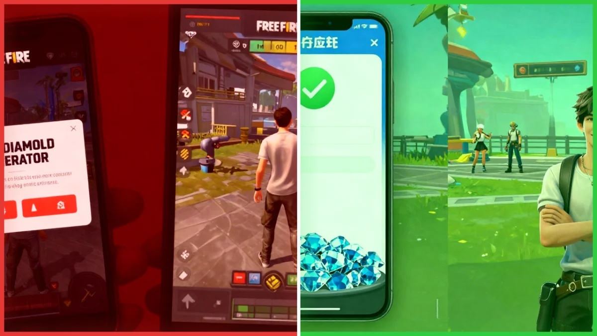 Comparación en la portada: a la izquierda, un jugador de Free Fire que cae en una página falsa de Diamantes gratis; a la derecha, el mismo jugador usando la tienda y los eventos oficiales para conseguir Diamantes de forma legal, Diamantes en Free Fire
