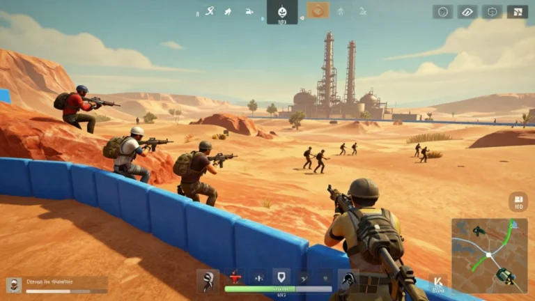 Escuadra de cuatro jugadores emboscada desde un piso alto de una estructura en el mapa Kalahari de Free Fire, con rifle de asalto apuntando al valle del desierto mientras se cierra la zona final, zona final Kalahari