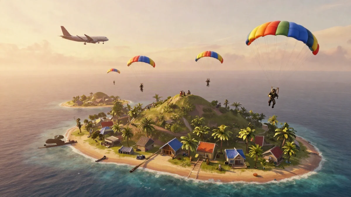 Ilustración de paracaidistas genéricos cayendo sobre una isla tropical al amanecer, con un avión cruzando el cielo, en una escena pensada para explicar dónde caer en Bermuda.