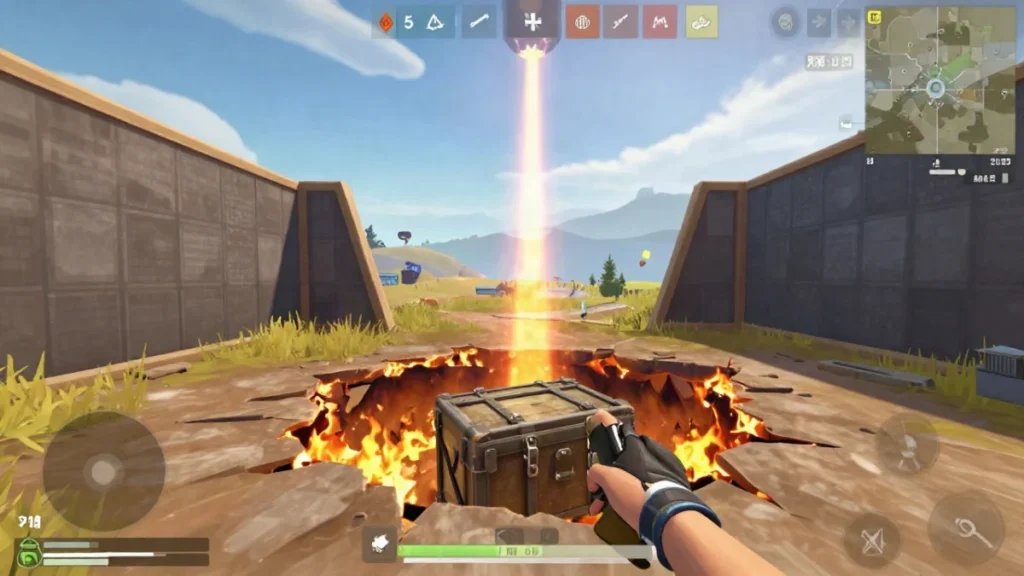 Airdrop meteorito Free Fire: cuándo cae y cómo lootearlo 2 Jugador agachado detrás de muros de hielo junto a un cráter brillante, cubriendo el lootEO mientras un compañero vigila desde un punto alto