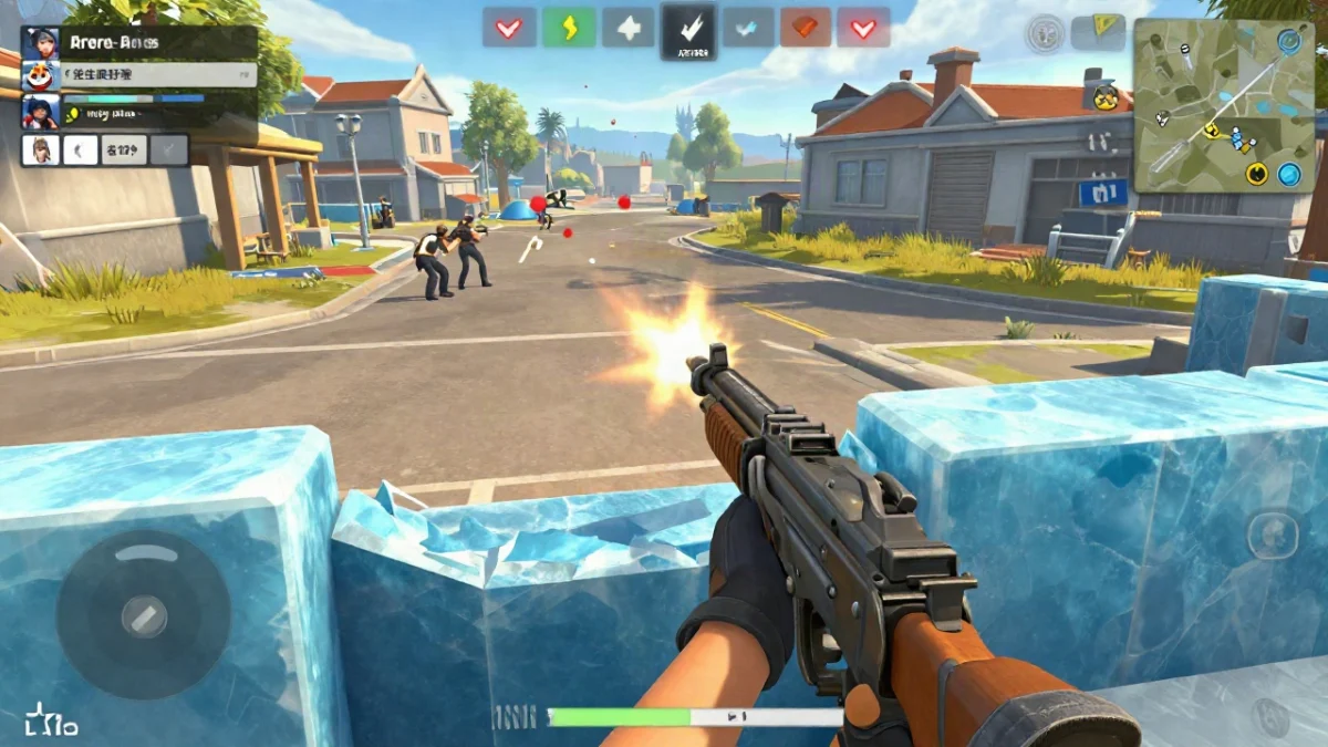 Personajes para la RPK en Free Fire: combos para BR y Clash Squad 1 Jugador agachado detrás de un muro de hielo en un mapa tropical de Free Fire, apuntando con la RPK, en un combate de media distancia con personajes para la RPK