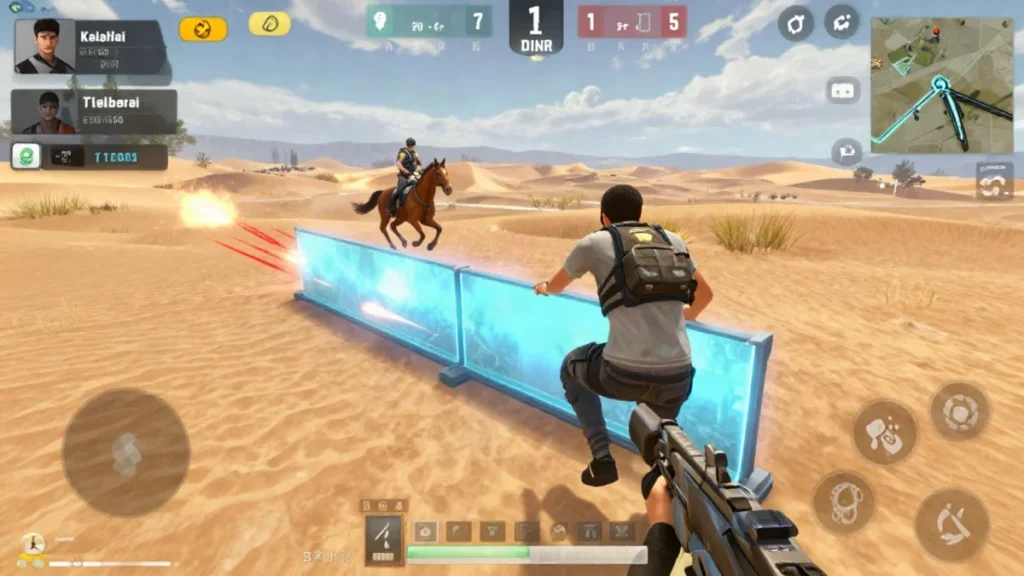 Jugador bajándose del caballo en una zona de dunas abiertas y levantando una pared de gloo para cubrirse de los disparos