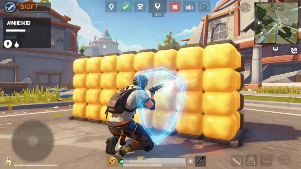 Jugador con el chaleco dañado levantando una gloo wall de hielo mientras un enemigo lejano apunta con rifle de tirador en campo abierto