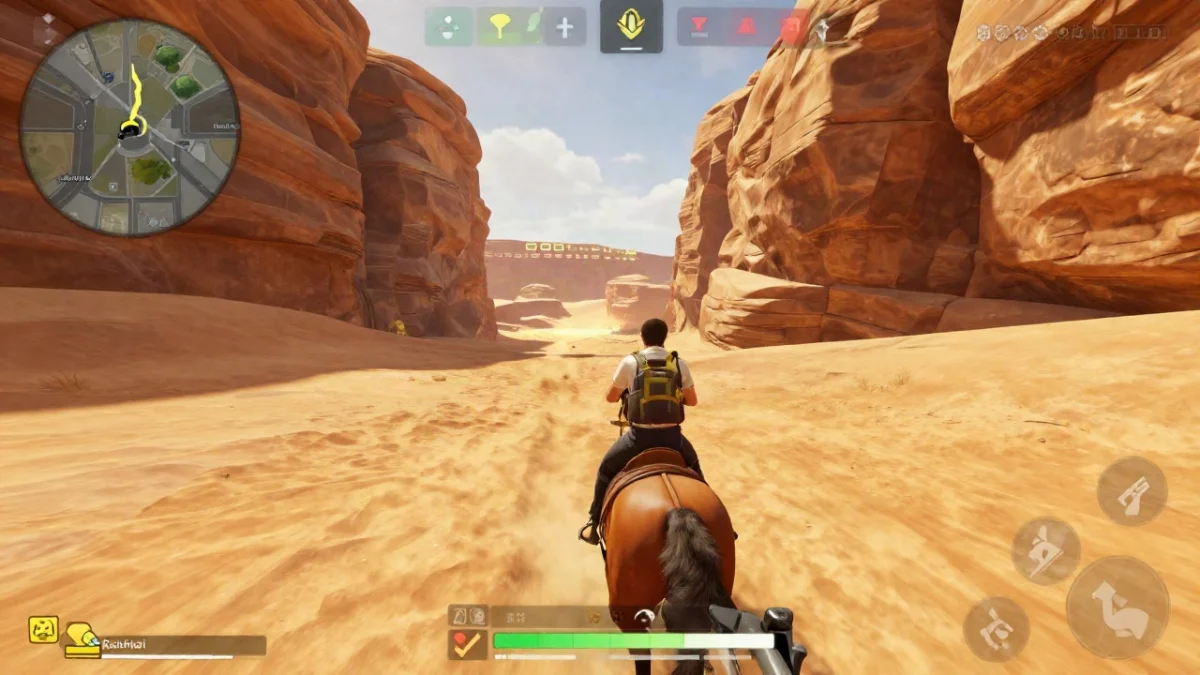 Jugador con equipo táctico cabalgando entre rocas y el fondo de un cañón del desierto de Kalahari en una partida de Free Fire, con una pared de gloo cerca para cubrirse, caballo en Kalahari