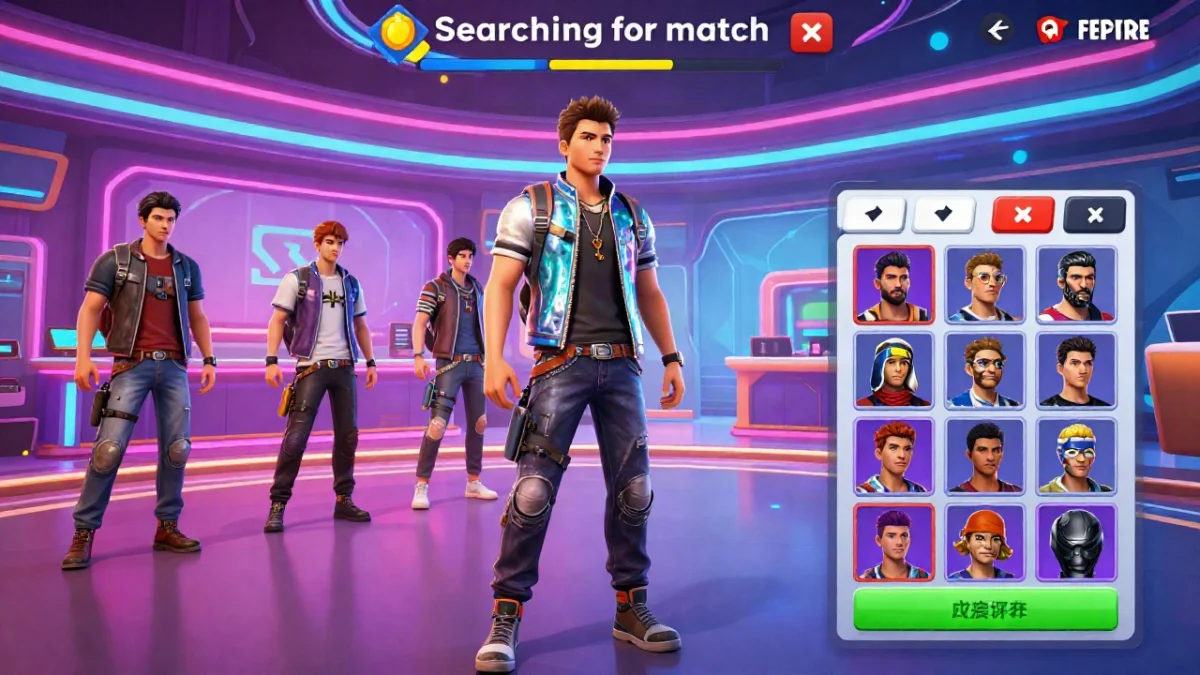Cambiar de ropa en Free Fire durante el emparejamiento con presets 1 Jugador de Free Fire cambiando de ropa con un preset guardado en la sala de espera, con la isla tropical de fondo y el panel de acceso rápido visible en pantalla, cambiar de ropa Free Fire