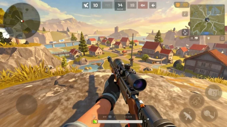 Jugador de Free Fire con equipo táctico apostado en una altura de Bermuda, apuntando con un rifle hacia un puente y una bajada de la zona, detrás de un muro de hielo para cubrirse. Ilustra el artículo sobre la Hawk en Bermuda.