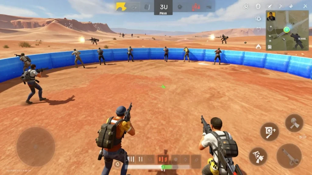 Jugador de Free Fire corriendo expuesto por el desierto abierto de Kalahari sin cobertura, con la zona cerrándose y su escuadra bajo fuego
