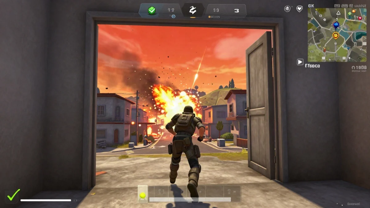 Jugador de Free Fire corriendo por un campo abierto hacia una casa de concreto con techo sólido mientras caen explosiones de la tormenta arrasadora en Purgatorio, tormenta arrasadora Purgatorio