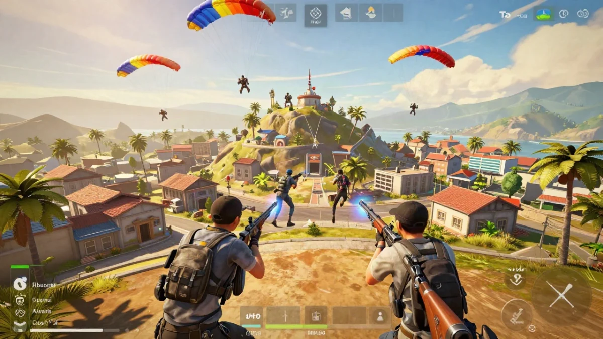 Jugador de peak mania Bermuda en un tejado del borde de Peak, con escopeta en mano y casas de la isla al fondo