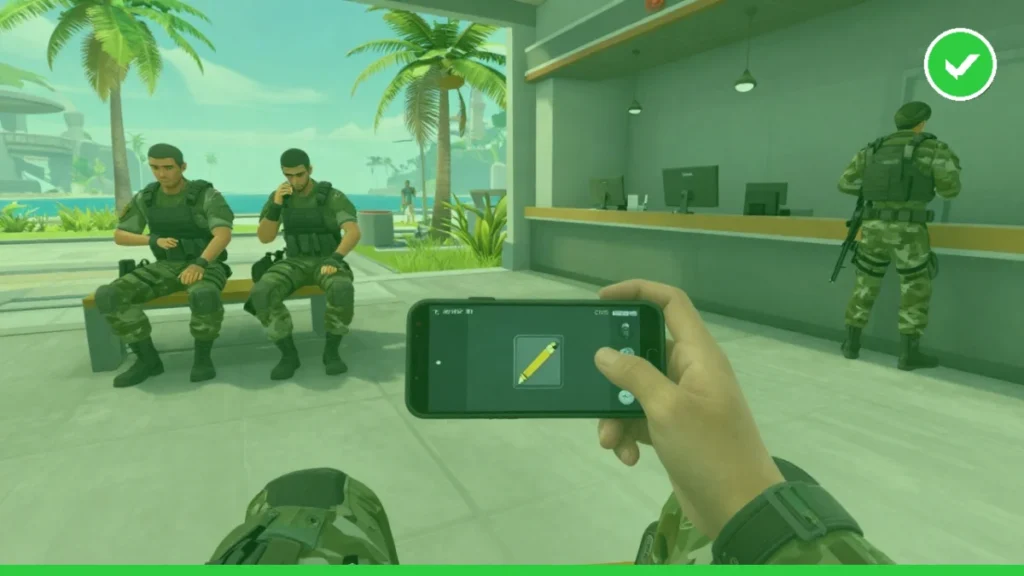 Letras especiales Free Fire: ¿te pueden banear por el nick? 2 Jugador en el lobby de una isla tropical mirando la pantalla de su perfil en el celular, con el cursor sobre el ícono del lápiz para editar el nombre, mientras dos compañeros esperan cerca antes de la partida.