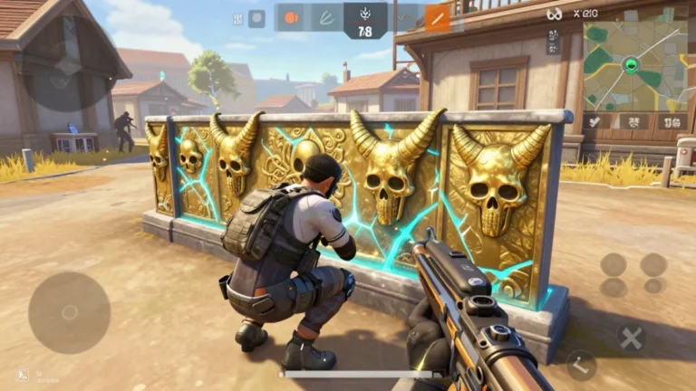 Jugador en un battle royale de celular asomándose detrás de una pared gloo de diseño limpio en una isla tropical, con una escopeta lista para disparar, skins de gloo wall